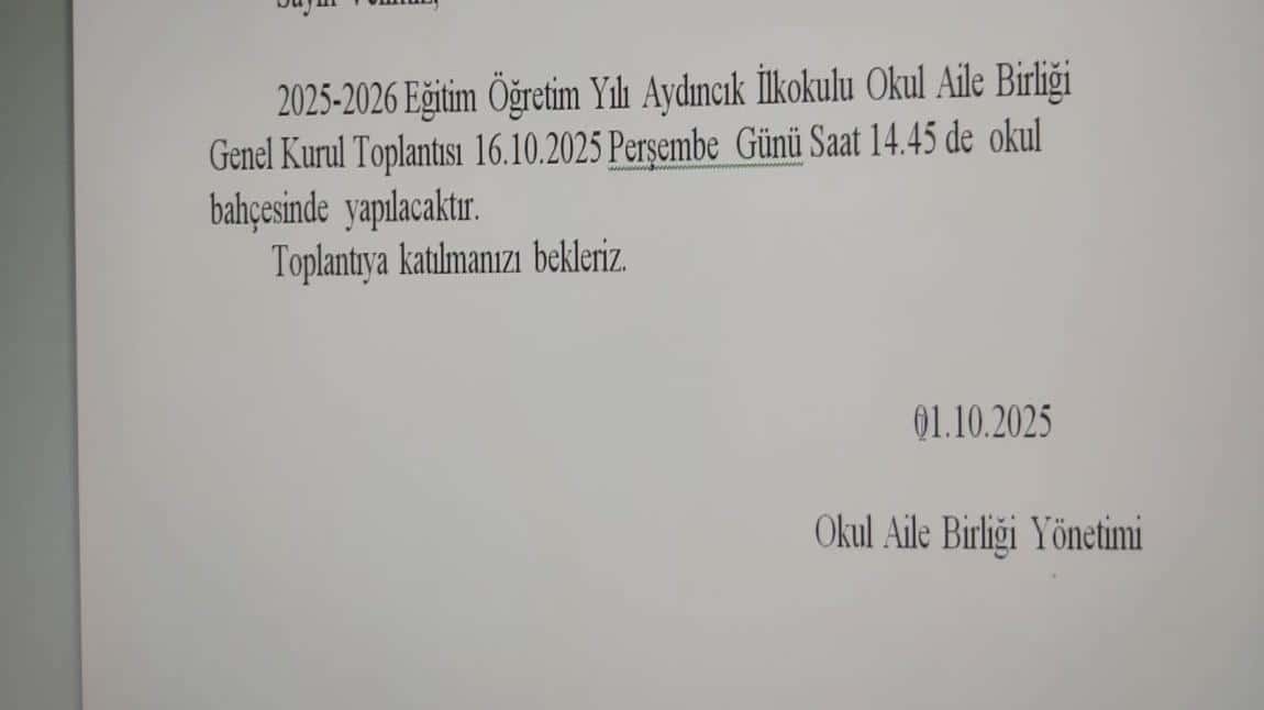 2025-2026 EĞİTİM ÖĞRETİM YILI OKUL AİLE BİRLİĞİ TOPLANTISI 16.10.2025 TARİHİNDE SAAT:14.45 TE OKUL BAHÇESİNDE YAPILACAKTIR. TOPLANTIYA KATILMANIZI BEKLERİZ.